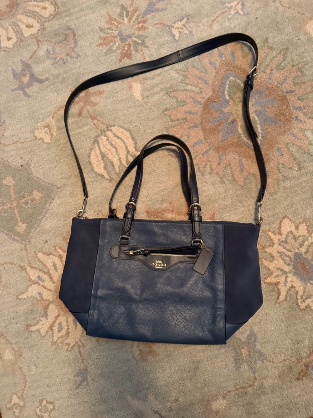 Coach Navy Leather & Suede Tote with Crossbody Strap